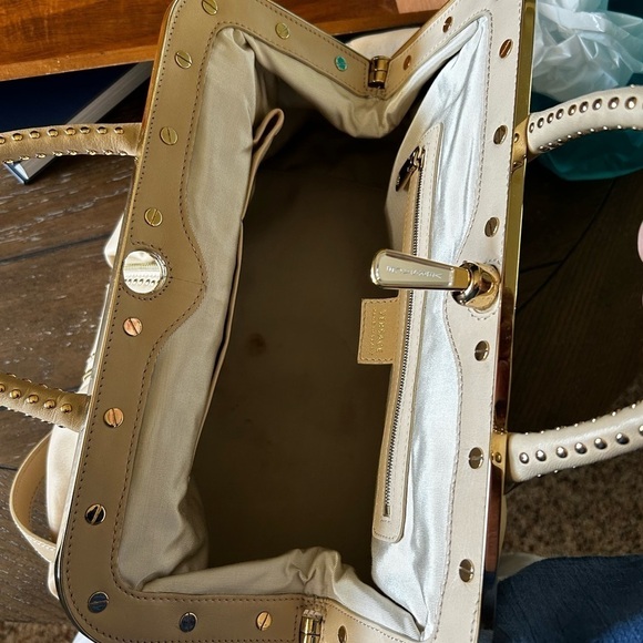 Authentic Versace Beige Leather Studded Frame Satchel with Shoulder Strap - Picture 10 of 16
